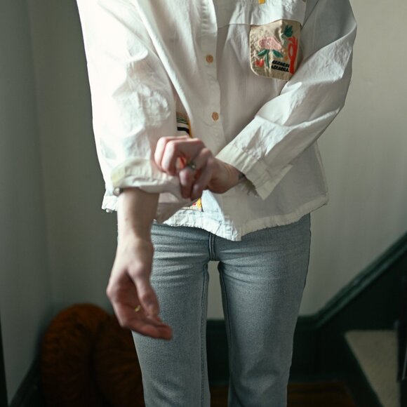 White Collared Button Down Shirt: Embroidery/Upcycled Pockets/Details - Picture 4 of 11